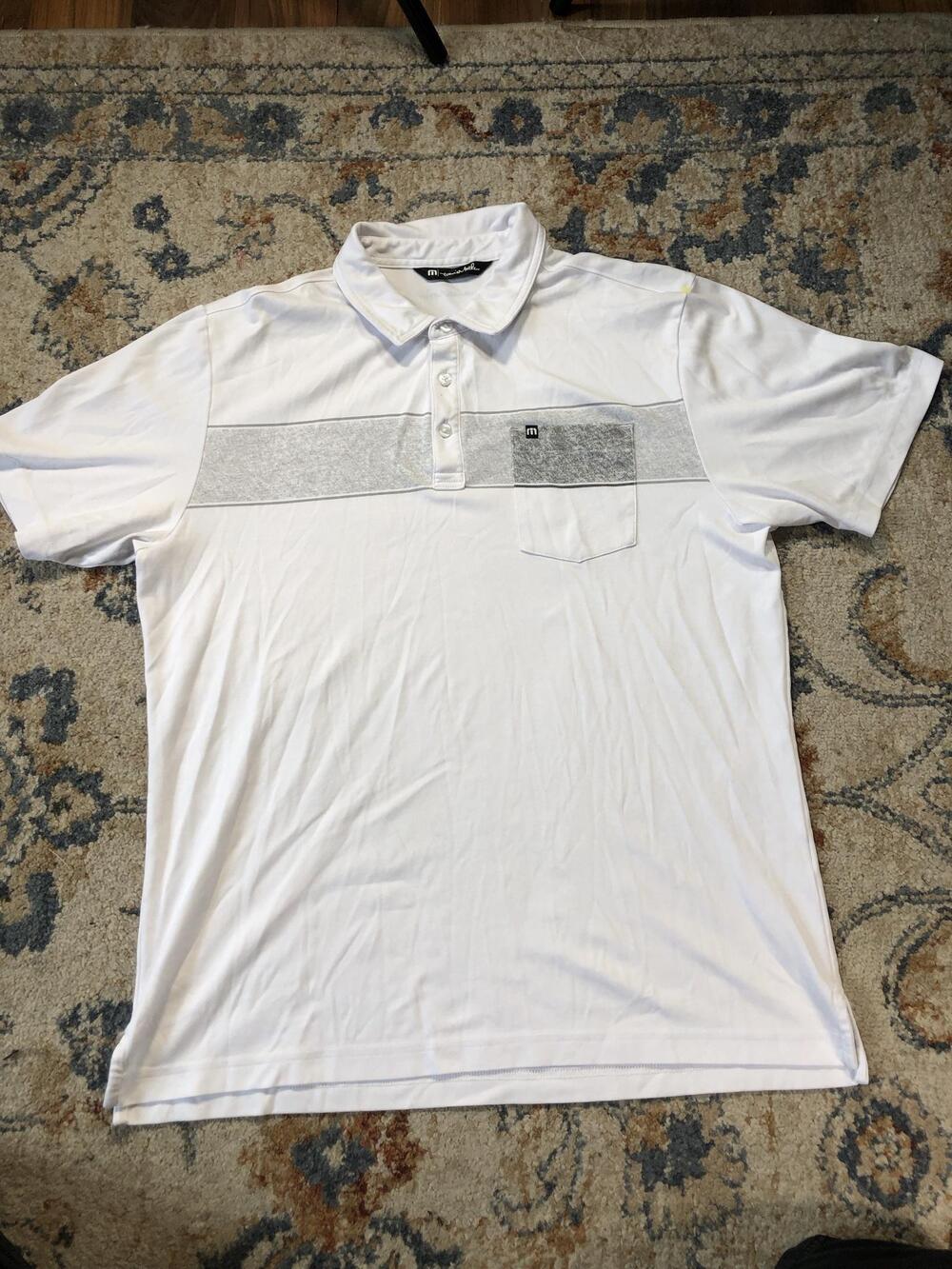 Travis Mathew Polo Shirt Mens L White Gray Colorblock Pocket Golf Short Sleeve